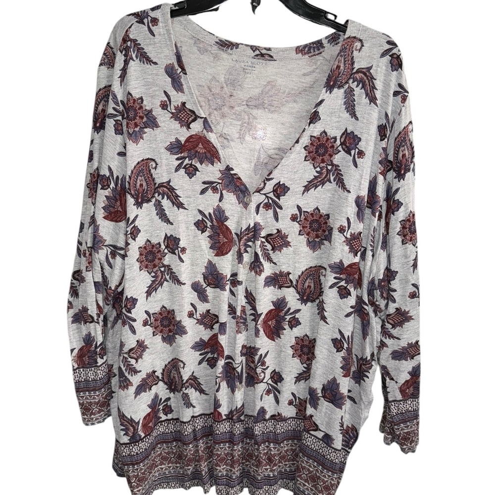 🔥3/$20🔥 Laura Scott Gray and Burgundy Floral Long Sleeve Button Up Top Size 3X
